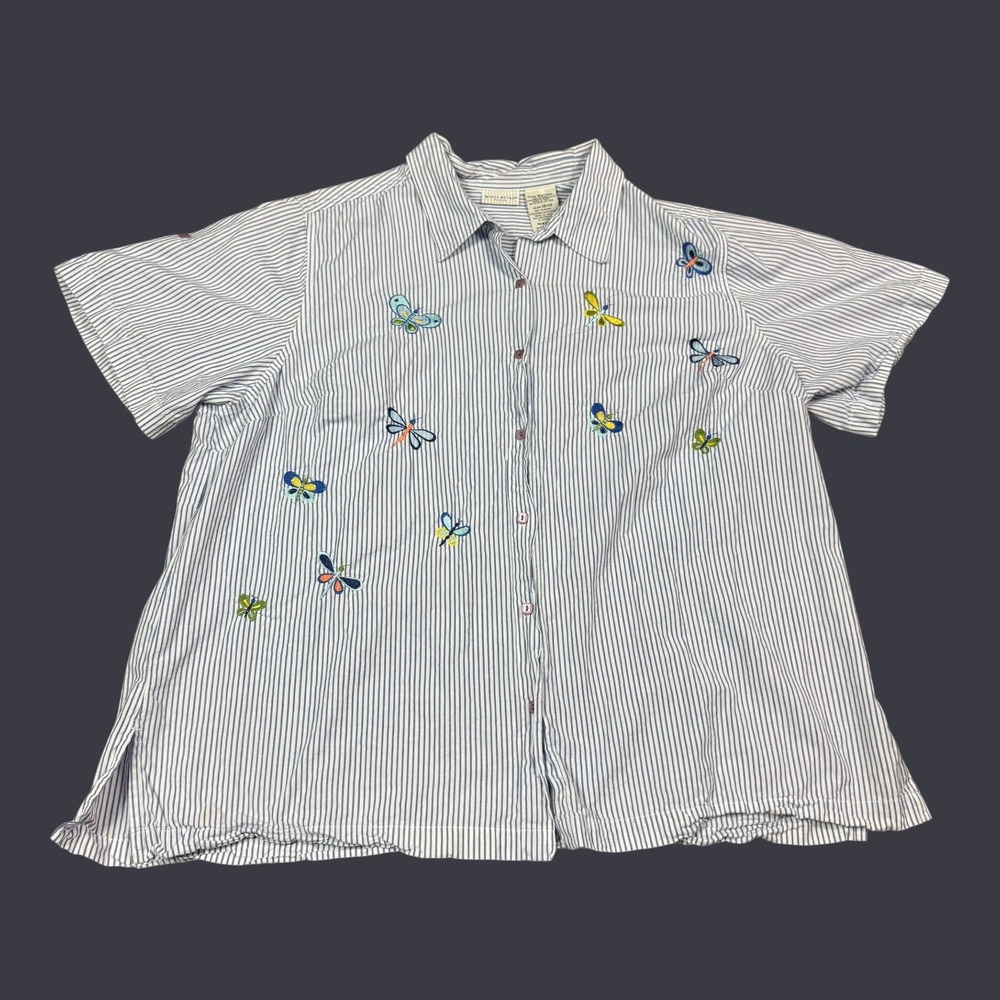 Vintage White Stage Butterfly Striped Casual Button Down Shirt Women's‎ 18W/20W